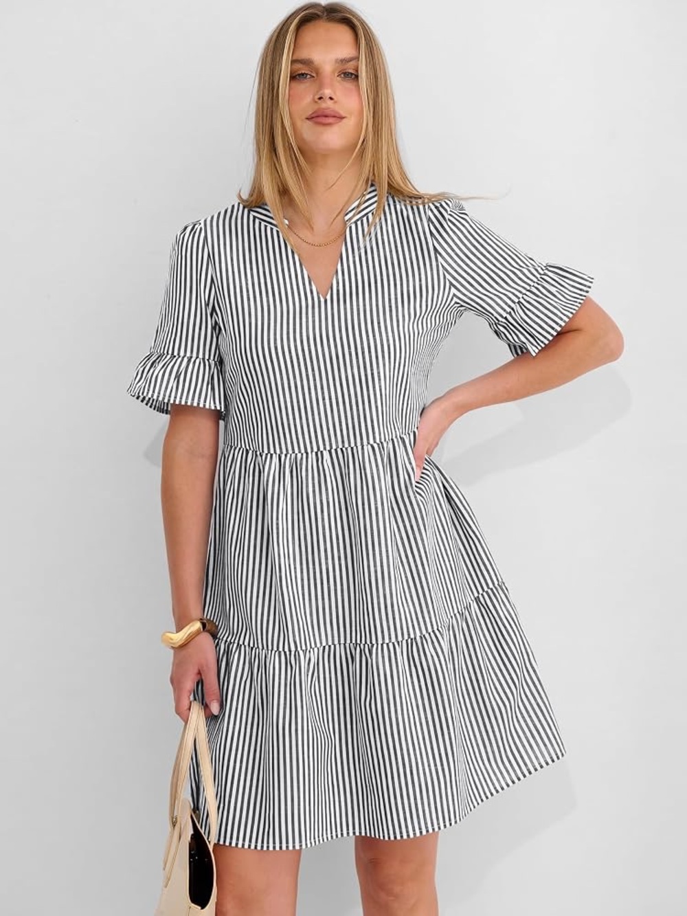 Striped Black & White V-Neck Tiered Mini Dress